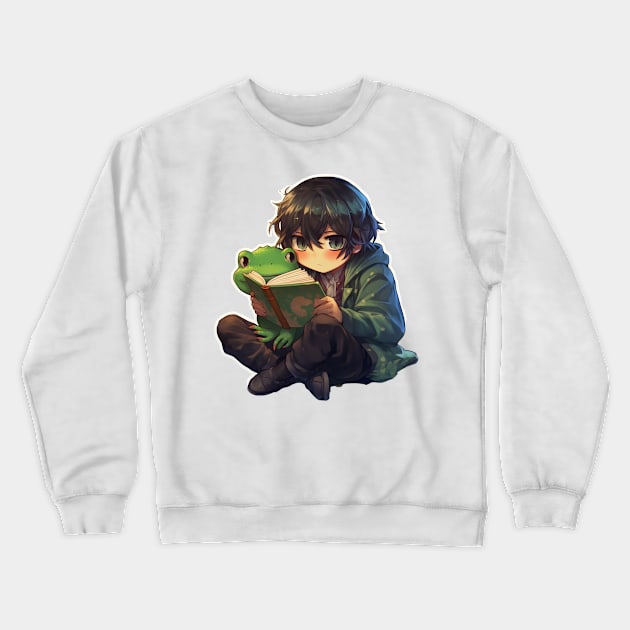 School Anime Boy With Cute Frog Sticker Crewneck Sweatshirt by ribbitpng